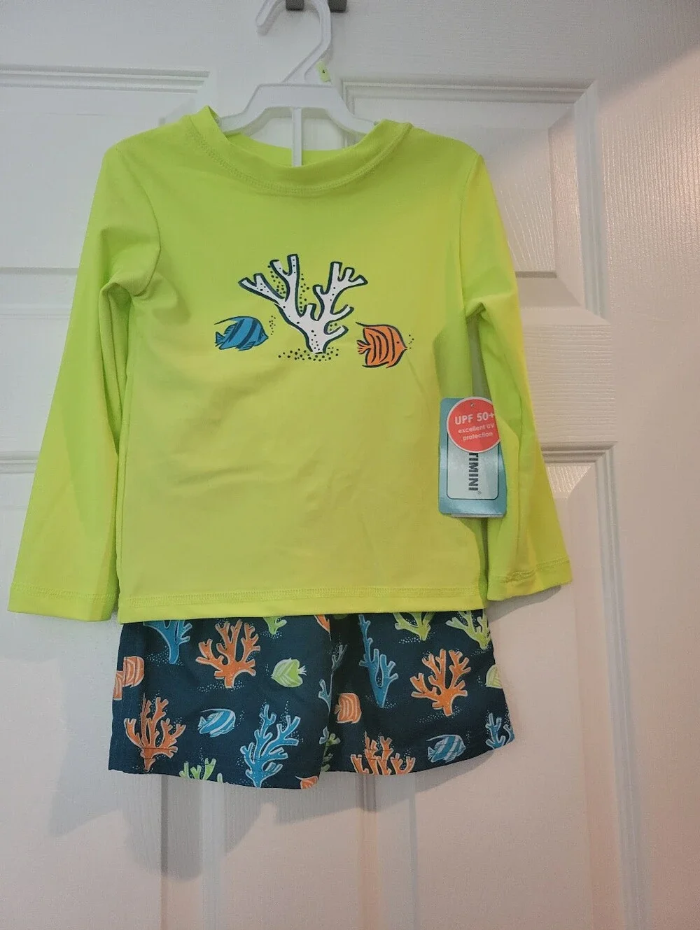 Kids Neon Yellow Long-Sleeve Swim Set with Ocean Print